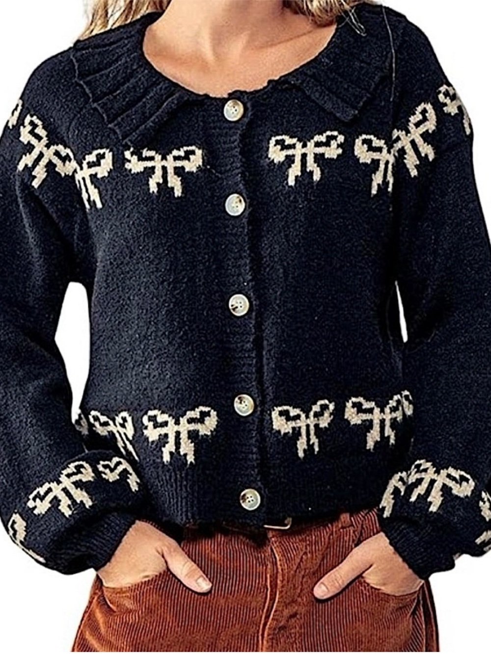 Kimchi Blue Marabell Bow Button Down Cardigan in Black with White - Picture 16 of 16